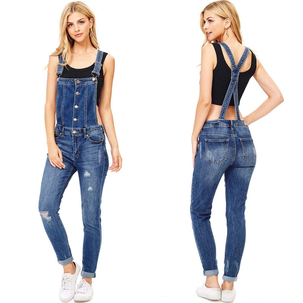 Celebrity Pink Distressed Skinny Denim Overalls 27